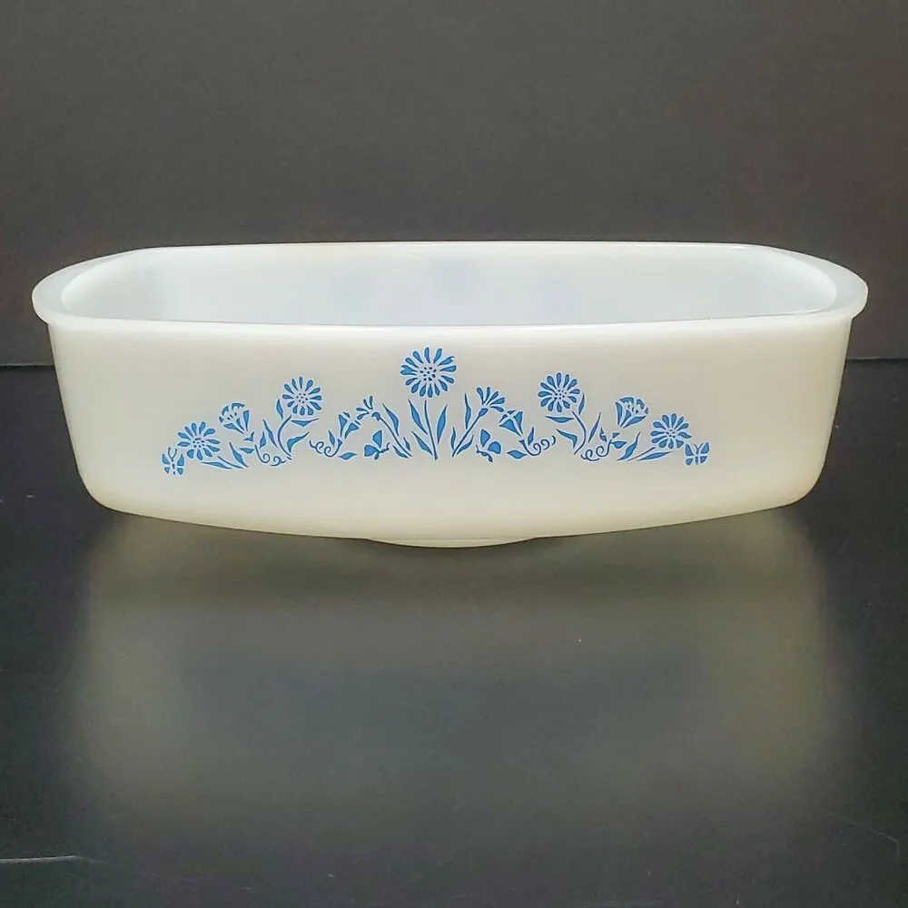 Vintage Federal Oven Proof White Milk Glass Blue Lady Michelle Floral Loaf Dish